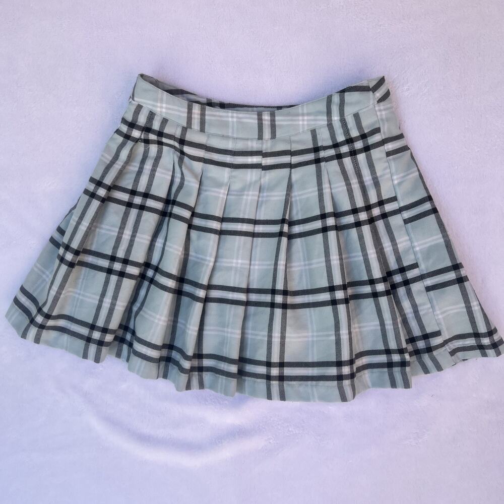 Plaid Pleated Mini Skirt Women’s M Mint Green Black Y2K Preppy